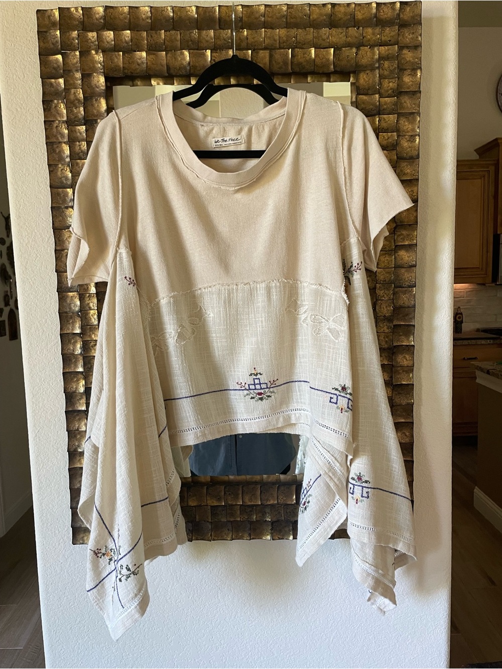 Free People Cream Embroidered Handkerchief Hem Tunic Top XS